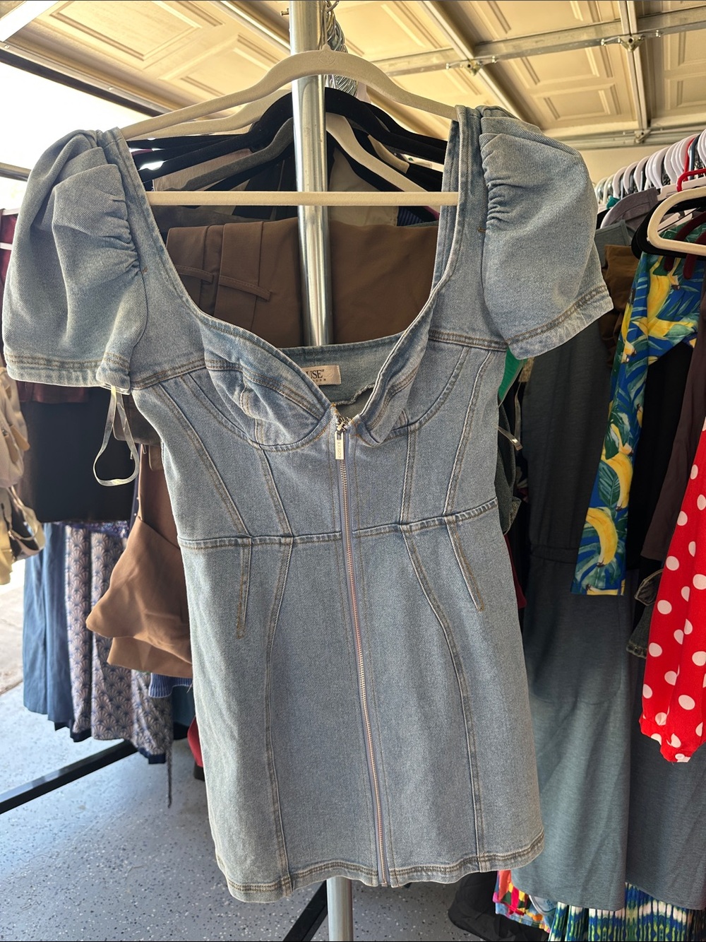 House of London Light Wash Denim Mini Dress with Puff Sleeves